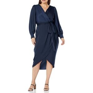City Chic Opulent Navy Blue Wrap Midi Dress XS 14 Long Sleeve V-Neck Formal NWT